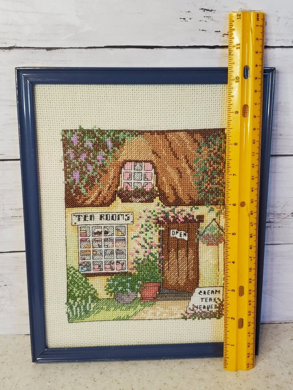 Vintage Handmade Cross Stitch Tea Rooms Cottage Needlepoint Framed Cottagecore G